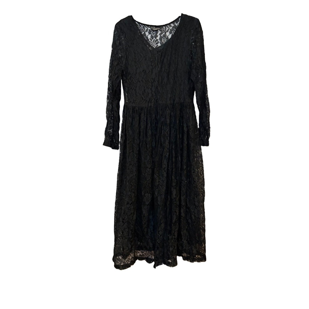 Vtg 90s Black Lace Romantic Button Front Long Sleeve Midi Dress Goth Whimsigoth